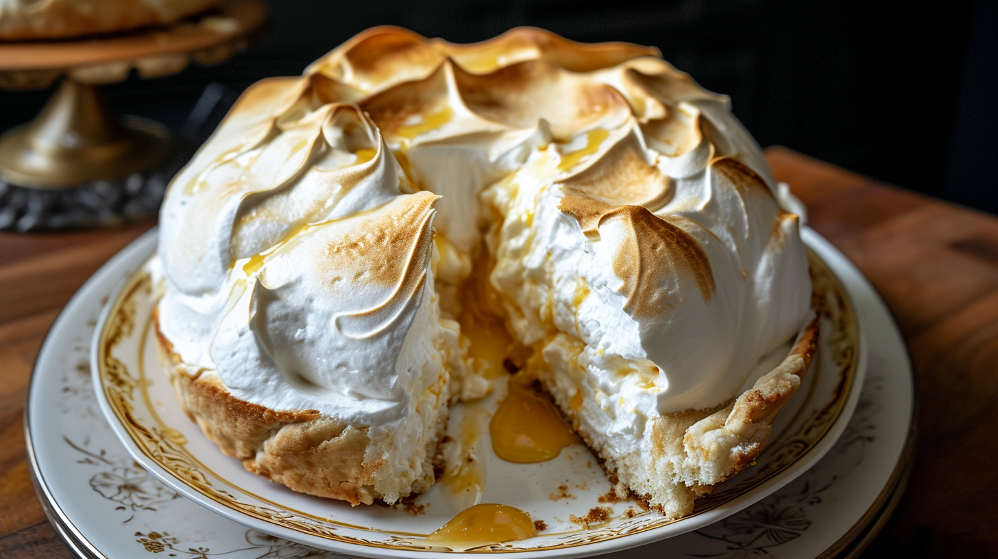 Baked Alaska on wooden table with a slice taken out