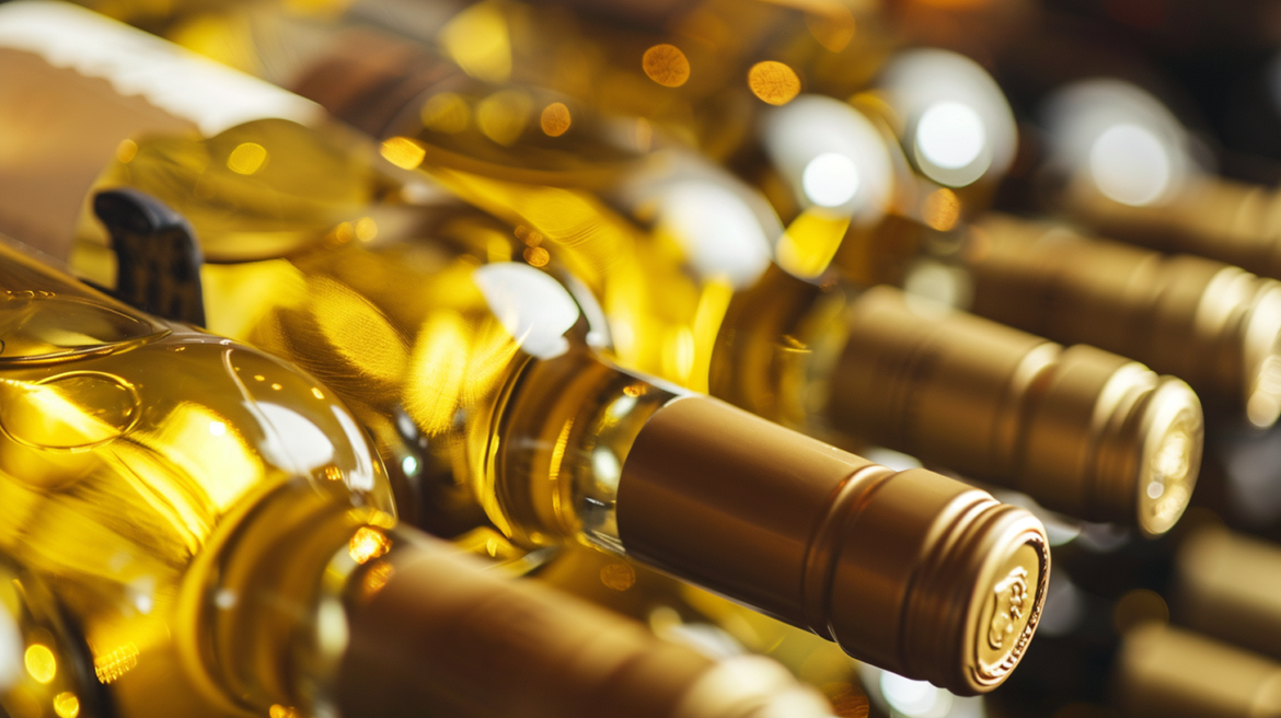 Bottles of white wine lying down in a rack